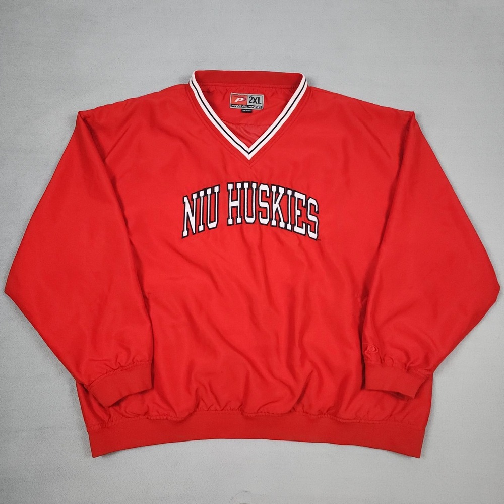 Vintage NIU Huskies Pro Player Windbreaker Mens 2XL Red Pullover NCAA Spellout